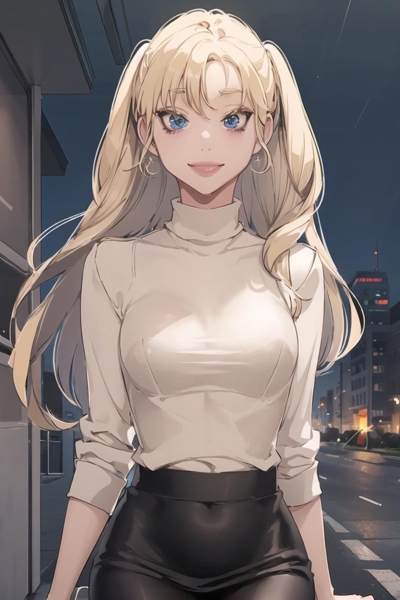 <lora:SeoRin_BNW:0.9> seorindef, blonde hair, blue eyes, long hair1girl, solo, medium breasts, looking at viewer, smile, white turtleneck shirt, black skirt, standing, upper body,masterpiece, best quality,   