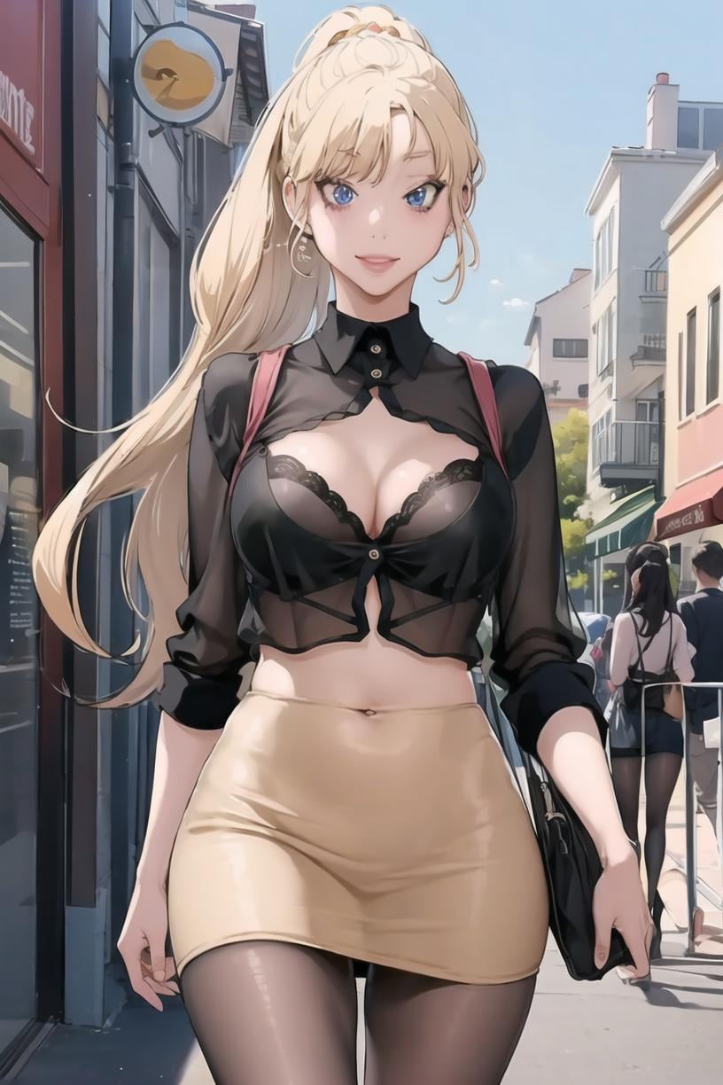 <lora:SeoRin_BNW:0.9> Seorindef, blonde hair, blue eyes, long hair,upper body, see-through, holding, black bra, black pantyhose, 1girl, outdoors, black skirt, pencil skirt, cleavage, smile, skirt, solo, covered navel, pantyhose, ponytail, large breasts, collared shirt, black shirt, bra, underwear, breastsmasterpiece, best quality, 