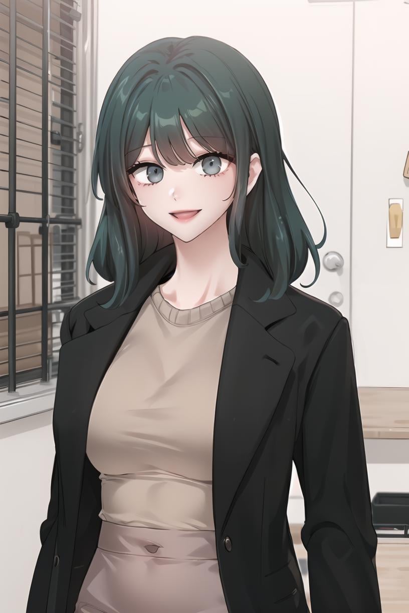 <lora:YelenaYerin_CC_V2:1> yelenadef, green hair, green eyes, medium hairupper body, portrait, black jacket, grey skirt, brown sweater, smilemasterpiece, best quality,