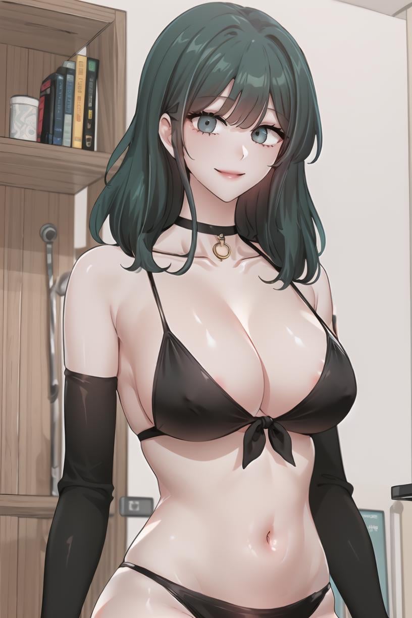 <lora:YelenaYerin_CC_V2:1> yelenadef, green hair, green eyes, medium hairupper body, portrait, bangs, black bikini, cleavage, collarbone, front-tie top, black choker, elbow gloves, bare shoulders, smile, navelmasterpiece, best quality,