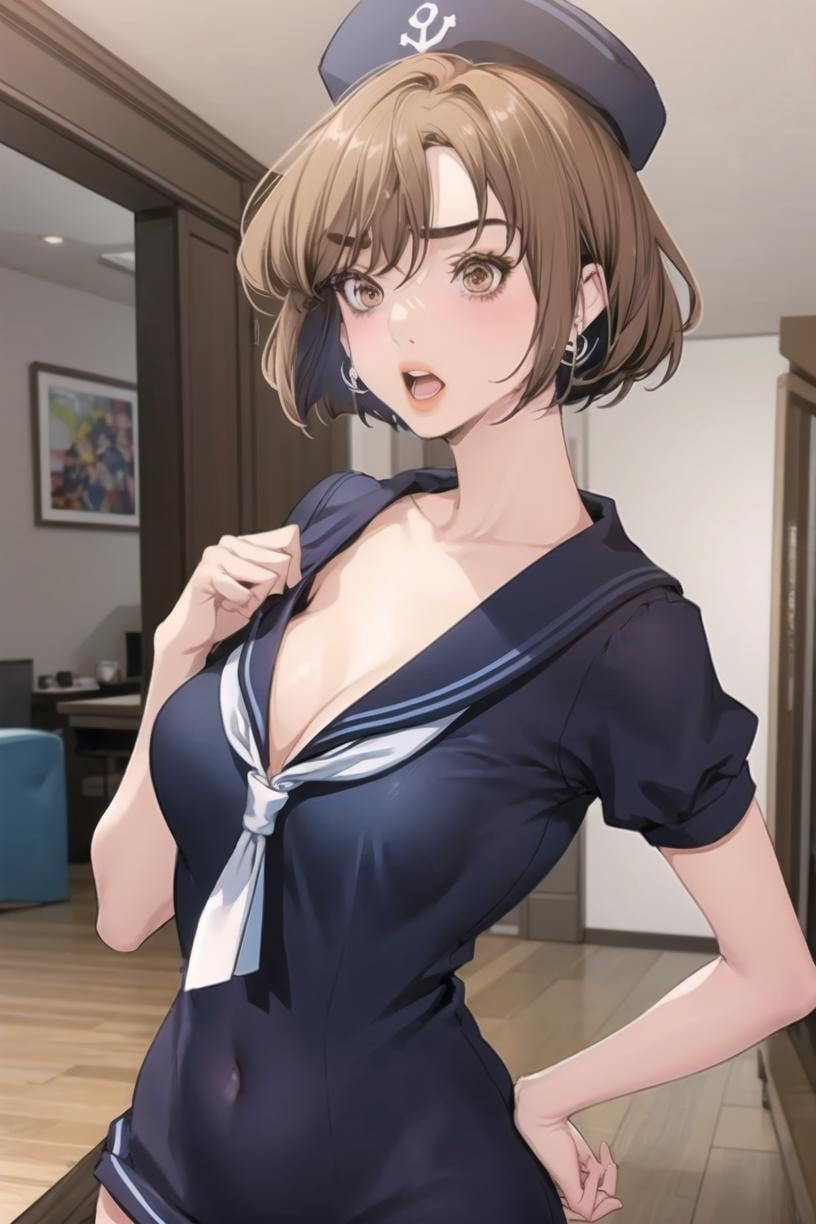 <lora:Sori_BNW:0.9> soridef, brown eyes, brown hair, short hair1girl, breasts, hat, covered navel, open mouth, indoors, short sleeves, sailor collar, solo, blue sailor dress, collarbone, stud earrings, earrings, hand on hip, jewelry, neckerchiefmasterpiece, best quality