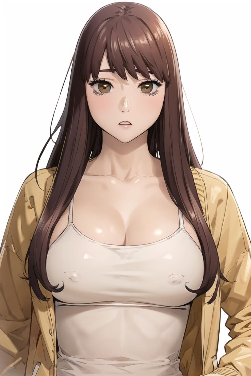 <lora:Mia_SW:0.9> miadef, brown eyes, brown hair, long hair,looking at viewer, jacket, shirt, solo, large breasts, white shirt, open jacket, bangs, yellow jacket, breasts, parted lips, upper body, open clothes, collarbone, cleavage, 1girlmasterpiece, best quality 