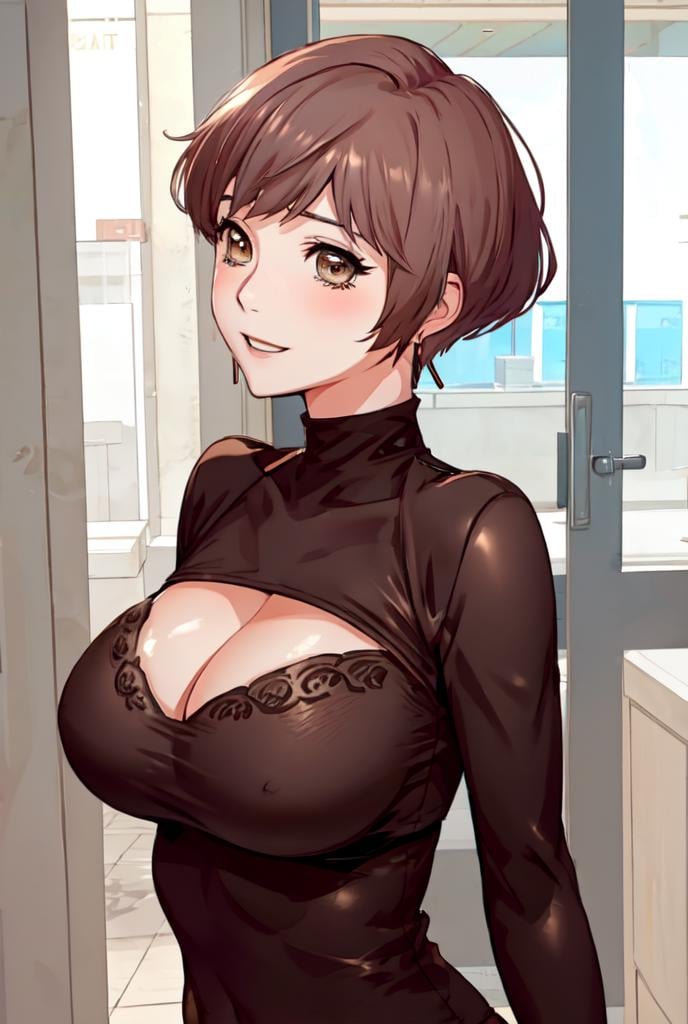<lora:Lina_SW:0.8> Linadef, short hair, brown eyessmile, breasts, jewelry, large breasts,  looking at viewer, blush, solo, upper body, 1girl, clothing cutout, cleavage cutout, short hair, parted lips, cleavage, bangs, earringsmasterpiece, best quality, 