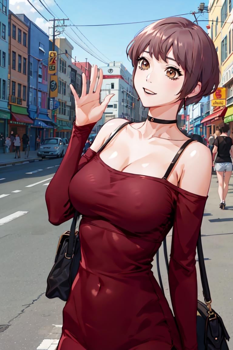 <lora:Lina_SW:0.8> Linadef, short hair, brown eyeslong sleeves, 1girl, bra strap, bag, arm under breasts, waving, closed mouth, jewelry, large breasts, hand up, bare shoulders, cleavage, bangs, breasts, collarbone, smile, off-shoulder shirt, black choker, brown eyes, short hair, covered navel, solo focus, outdoors, dress, shirt, looking at viewer, off shoulder, choker, red dress, earringsmasterpiece, best quality, 