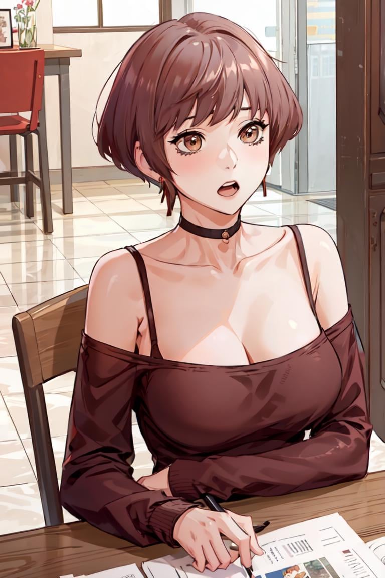 <lora:Lina_SW:0.8> Linadef, short hair, brown eyeslong sleeves, chair, 1girl, bra strap, jewelry, sitting, solo, open mouth, bare shoulders, table, cleavage, breasts, red shirt, bangs, collarbone, off-shoulder shirt, black choker, blush, tiles, shirt, indoors, off shoulder, choker, earringsmasterpiece, best quality, 