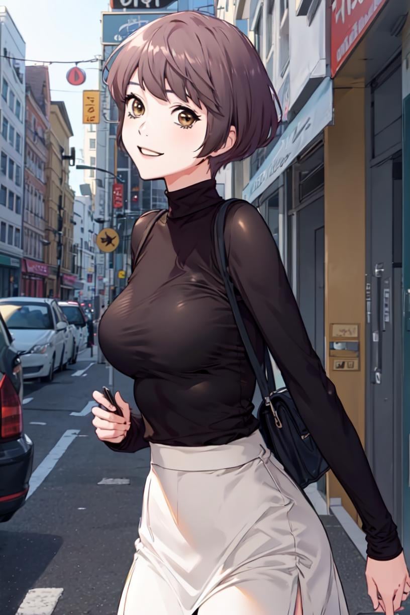 <lora:Lina_SW:0.8> linadef, short hair, brown eyes1girl, solo, looking at viewer, smile,  black turtleneck shirt,  white skirt, standing, masterpiece, best quality  