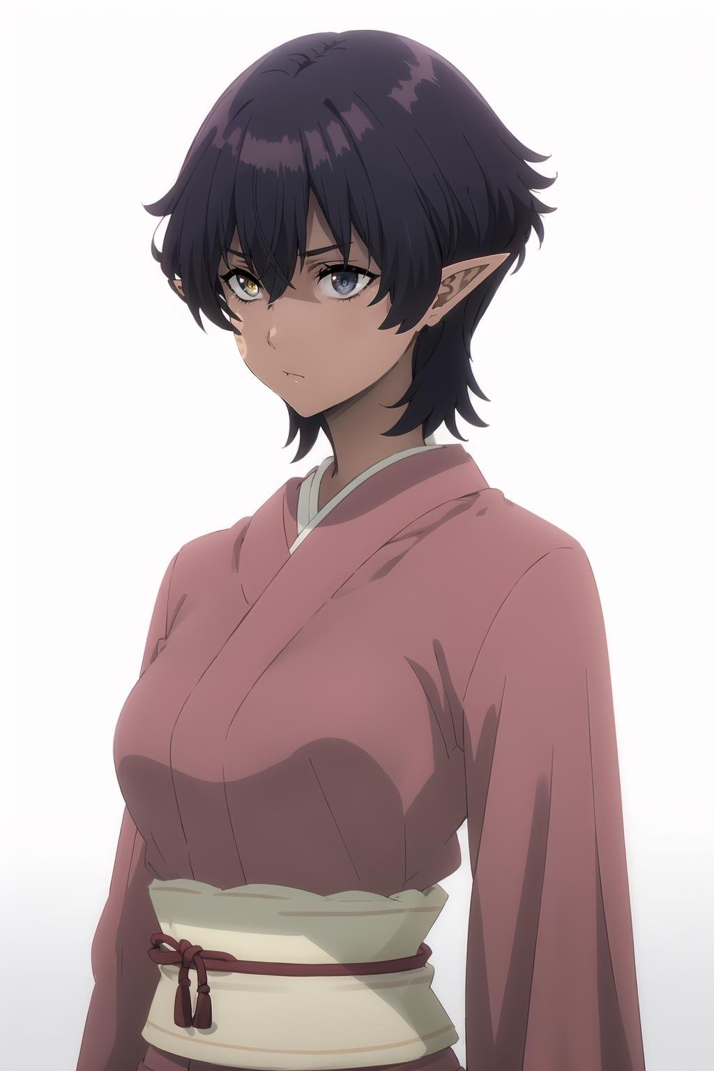<lora:Omega_KNJ:1>, Omegadef, short hair, purple hair, heterochromia, blue eyes, yellow eyes, pointy ears, facial mark, solo, dark-skinned female, medium breasts, pink kimono, standing, upper body, looking at viewer, arms at sides, portrait,
