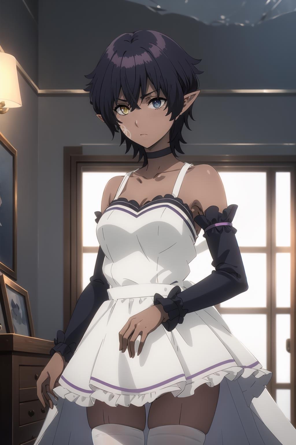 <lora:Omega_KNJ:1>, Omegadef, short hair, purple hair, heterochromia, blue eyes, yellow eyes, pointy ears, facial mark, solo, dark-skinned female, wedding dress, white dress, frills, white thighhighs, standing, upper body, looking at viewer, detached sleeves, choker, masterpiece, best quality,