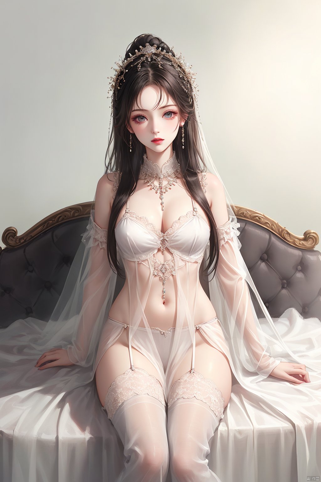  1girl, jewelry, long hair,hands out of frame,hands beside on body,see through, , visual through tighhighs,(((masterpiece,best quality))),((good structure,Good composition,good atomy)), white pink theme ((clear, original,beautiful)),front view,from above,thigh highs，