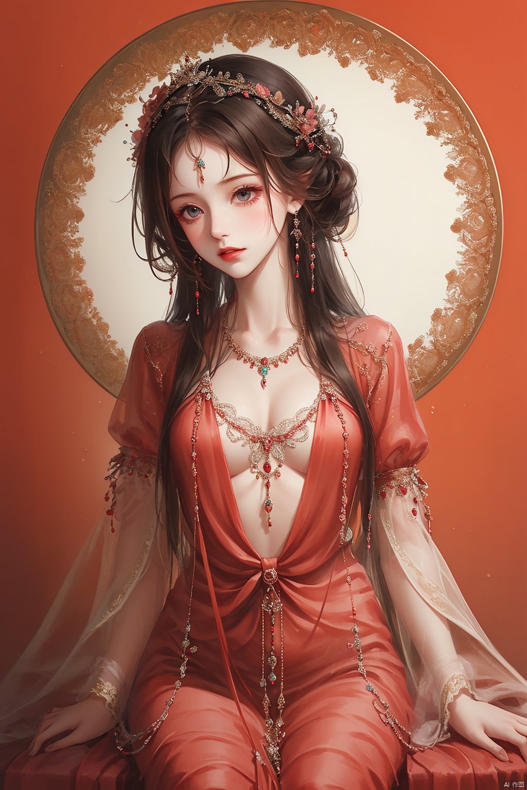  1girl, jewelry, long hair,hands out of frame,hands beside on body,see through, , visual through tighhighs,(((masterpiece,best quality))),((good structure,Good composition,good atomy)), red theme ((clear, original,beautiful)),front view,from above,