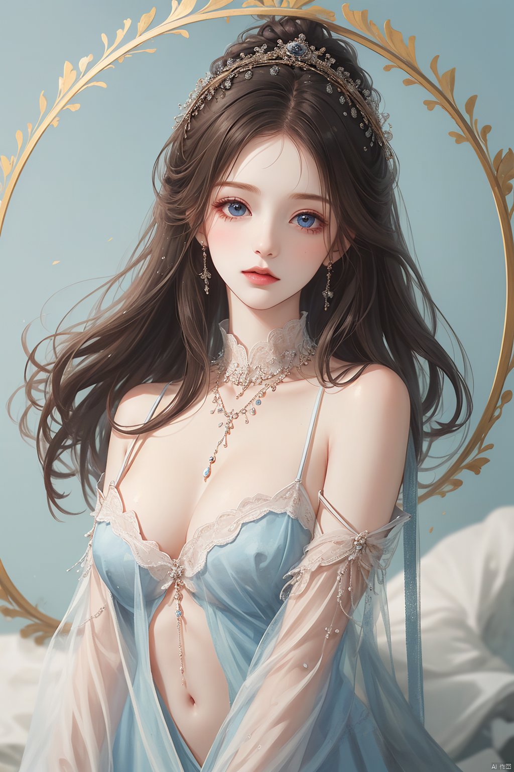  1girl, jewelry, long hair,hands out of frame,hands beside on body,see through, , visual through tighhighs,(((masterpiece,best quality))),((good structure,Good composition,good atomy)), blue theme ((clear, original,beautiful)),front view,from above,