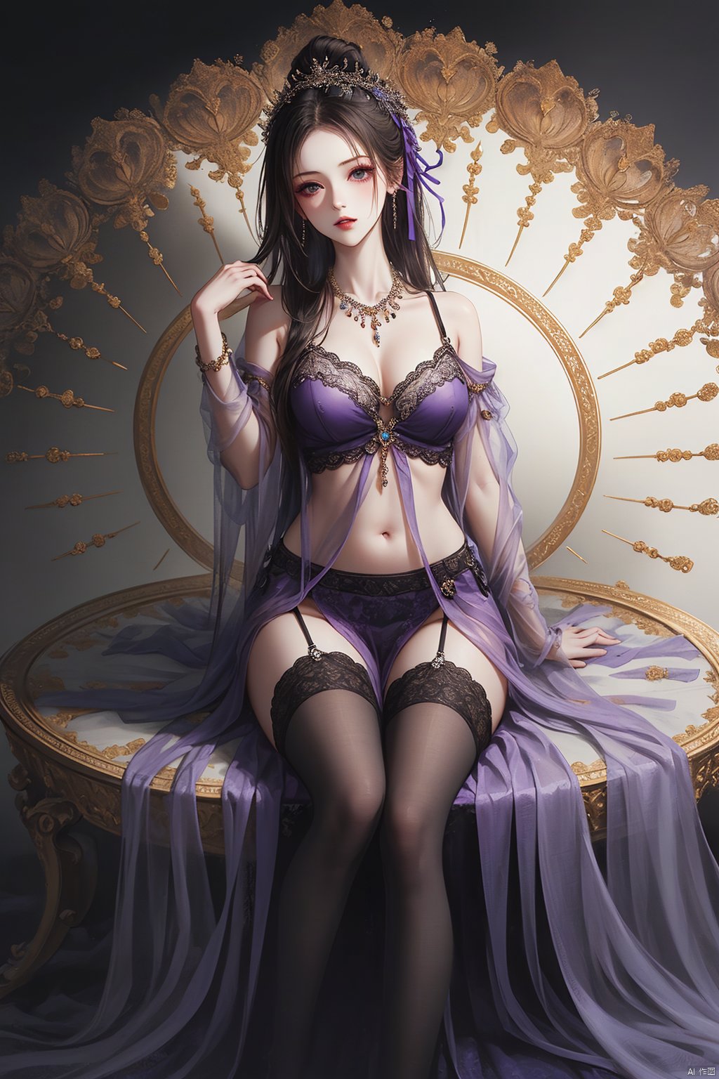  1girl, jewelry, long hair,hands out of frame,hands beside on body,see through, , visual through tighhighs,(((masterpiece,best quality))),((good structure,Good composition,good atomy)), purple theme ((clear, original,beautiful)),front view,from above,thigh highs，