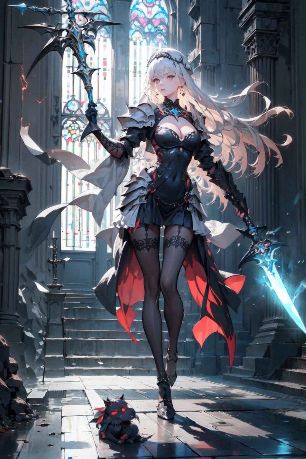 Anigame, vivid, raw, uhd, 8k, hires, 1girl, solo, full_body, cleavage, long dress, very_long_hair, 21years old, levitating, dash jumping, (floating in the air)), sharp image, ((black_full_armor)), (((pointing with blade with two hands towards alter))), ((glowing blade)), lava, soul, demon, death, knight, fights monsters, bright_light, dark_light, action side view, active, queen, supernatural, beauty, sexy, random background, neon lights, (fit in the frame)dynamic_angle, large_breasts, dynamic_lighting, dynamic_action, cleavage, (dynamic pose), ((see_through)), string, minimal fabric ,clothes_tearing, dynamic effects, water, magic, thigh_gap, slim_body, slim_thigh, sorcerer ,Anigame ,pastelbg, legs_open, detailed_face, impossible_fit, fit_in_frame, full_body, sfw, facing_viewer,side_view,highres,More Detail, UHD,High detailed ,Color Booster,realistic,girl, pastelbg, beautiful_background, ((in the holy cathedral)),perfect light