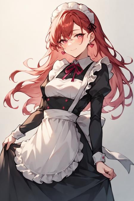 score_9, score_8_up, score_7_up, score_6_up, score_5_up, score_4_up, rating_safe, 1girl, breasts, solo, blush, maid headdress, maid, looking at viewer, smile, grey background, simple background, apron, red hair, long hair, small breasts, closed mouth, pink eyes, long sleeves, earrings, jewelry, maid apron, spot color, dress <lora:Anime Style LoRA XL:1>