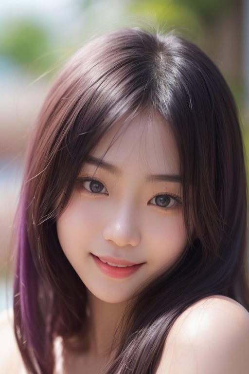 beautiful Asian girl, young girl, with a big beautiful smile, big smile, facing forward, gorgeous Asian model, violet hair, naturally pink lips, ultrarealistic, hyperrealistic, without makeup, without lipstick, facing forward, big eyes, close up on the face, dark blue eyes, frontal face, looking directly to the camera, 8k, photograph, no lipstick, no makeup, natural look, natural skin texture,realistic,REalistic,real asian girl,Asian