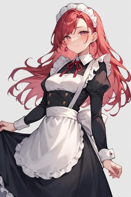 score_9, score_8_up, score_7_up, score_6_up, score_5_up, score_4_up, rating_safe, 1girl, breasts, solo, blush, maid headdress, maid, looking at viewer, smile, grey background, simple background, apron, red hair, long hair, small breasts, closed mouth, pink eyes, long sleeves, earrings, jewelry, maid apron, spot color, dress <lora:Smooth Anime Style LoRA XL:1>