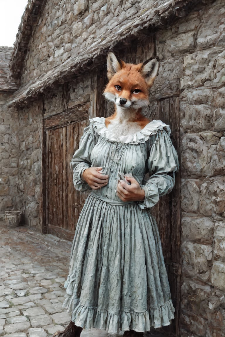 16k hdr absurdres photorealistic raw photo, furry anthro female, (multi breast covered by clothes:1.4), ( red fox), midrif, photorealistically detailed fluffy body fur, (fox tail:1.1),  solo, canine, brown body fur with white chest tuft, paws, by kikurage,((medieval clothes, dress))