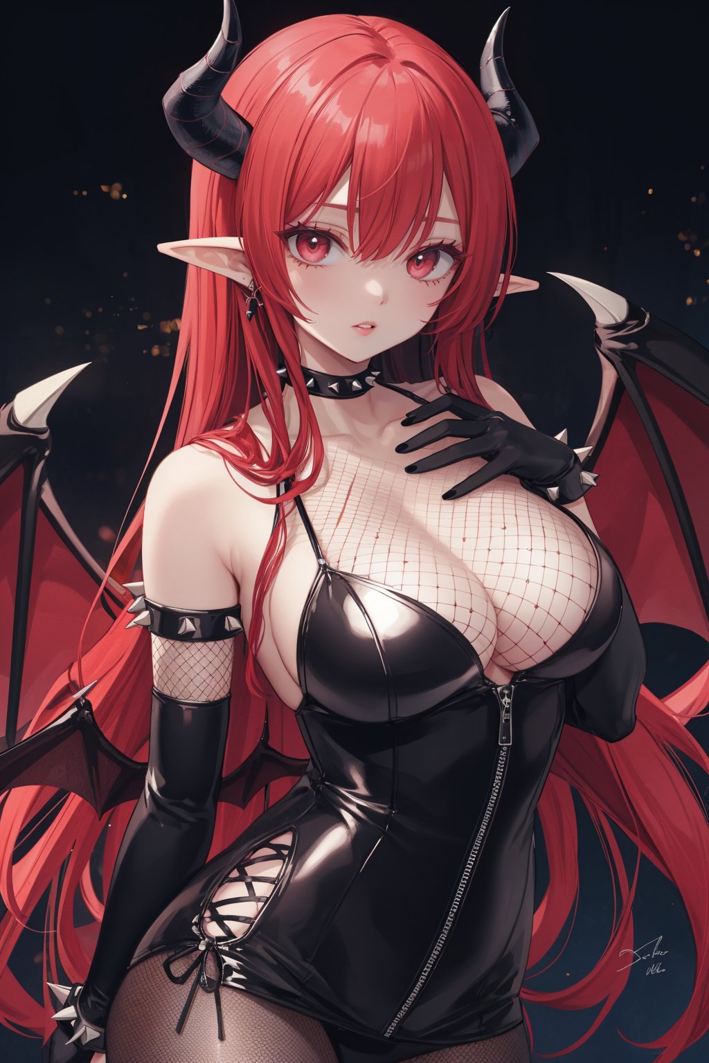  (illustration, 8k CG, extremely detailed), masterpiece, ultra-detailed, 1girl, bangs, black nails, choker, demon girl, demon wings, fishnet bodysuit, fishnet gloves, fishnet legwear, fishnets, horns, long hair, looking at viewer, parted lips, pointy ears, red hair, red lips, skirt, solo, spider web print, spiked bracelet, spikes, unmoving pattern, wings