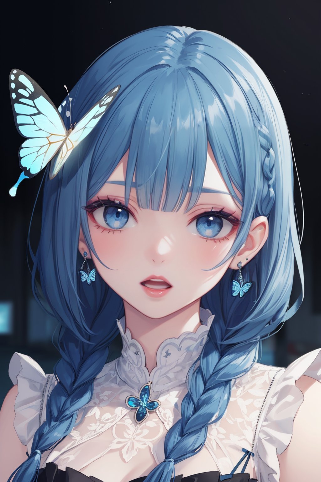  (illustration, 8k CG, extremely detailed), masterpiece, ultra-detailed, 1girl, bangs, blue eyes, blue hair, blunt bangs, blurry, blurry background, braid, bug, butterfly, depth of field, earrings, hair ornament, lips, lipstick, looking at viewer, makeup, open mouth, photo \(medium\), solo, twin braids