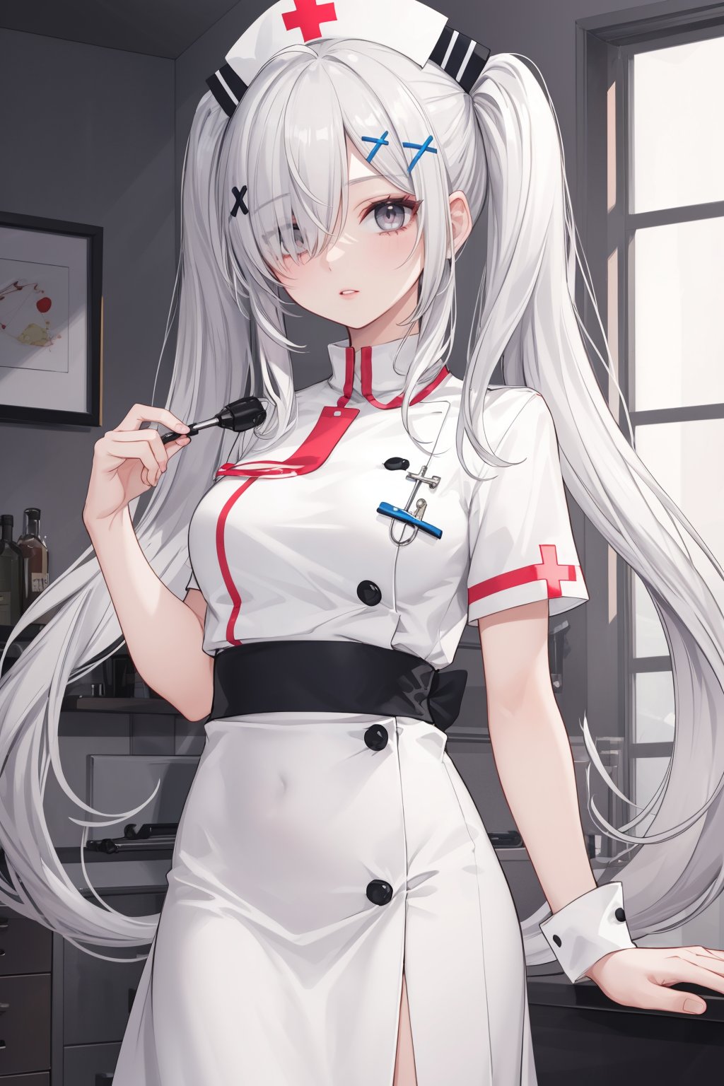  (illustration, 8k CG, extremely detailed), masterpiece, ultra-detailed, 1girl, ahoge, bangs, breasts, cross, dress, grey eyes, hair ornament, hair over one eye, hairclip, lips, long hair, looking at viewer, nurse, silver hair, solo, twintails, white dress, white hair, x hair ornament