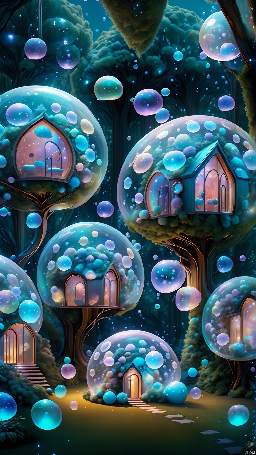  (Fantasy Style: 1.5) Object perspective, each bubble in the bubble house cluster constitutes an abstract and ethereal dream world. The soft and graceful lines of these bubbles are as if they were visions of dream bubbles, decorating the entire bubble forest like an abstract dream world.