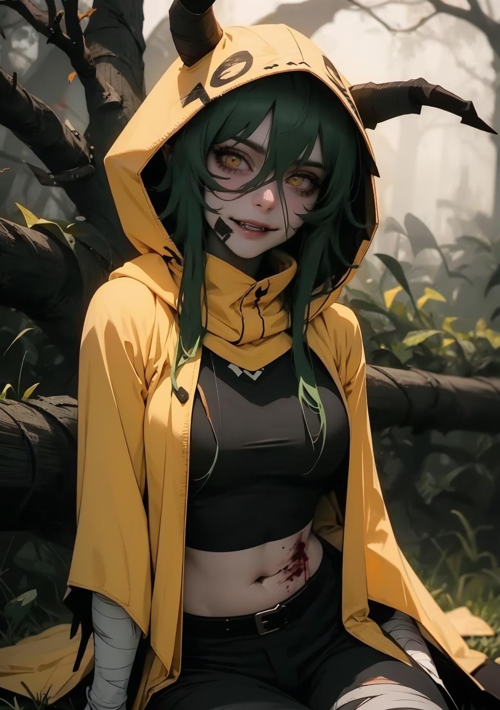 gavial, mimikyu_cosplay, 1girl, green hair, hair between eyes, yellow eyes, long sleeves, poncho, hood, hood up, horns, pantyhose, black pants, standing, blood, bandages, bandaid, bandaged leg, bandaid on leg, looking at viewer, <lora:mimikyu_cosplay-03:1>, <lora:Gavial-04:0.8>