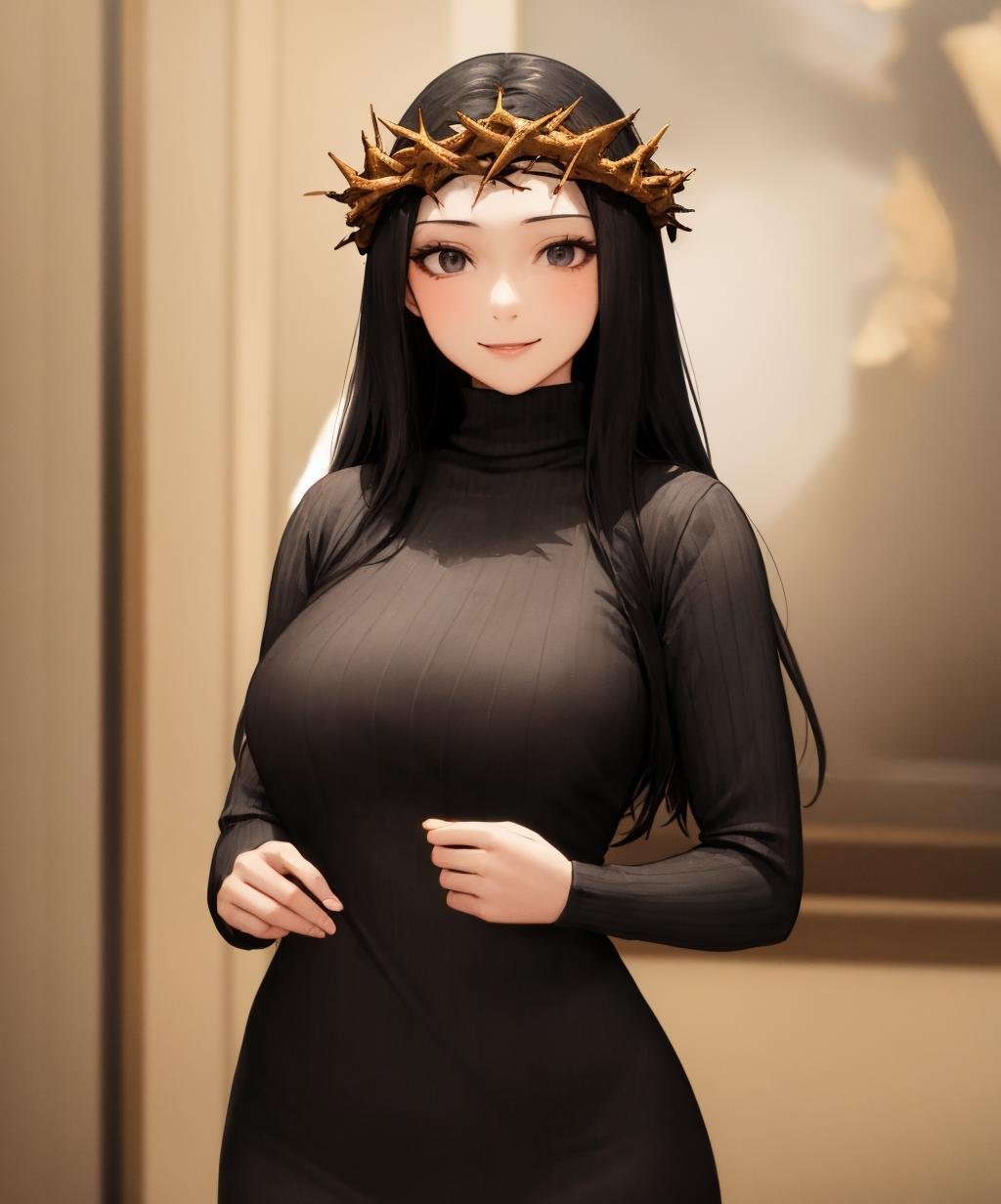 crown of thorns, 1girl, solo, black hair, long hair, smile, turtleneck, black clothes, <lora:crown_of_thorns-02:1>