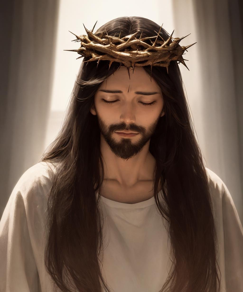 crown of thorns, solo, long hair, brown hair, 1boy, closed eyes, male focus, facial hair, upper body, beard,  <lora:crown_of_thorns-02:1>