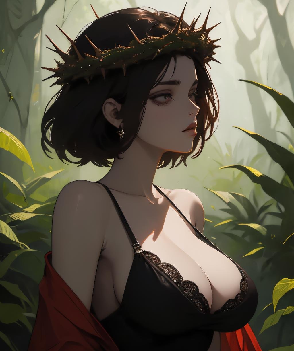 (Painting:1.3), crown of thorns, upper body, solo, <lora:crown_of_thorns-02:1>, (Random:1.3), razor cut hair, medium brown hair, black eyes, dark-skinned, huge breasts, lush tropical rainforest with vibrant flora, (masterpiece, best quality, detailed:1.3), gorgeous