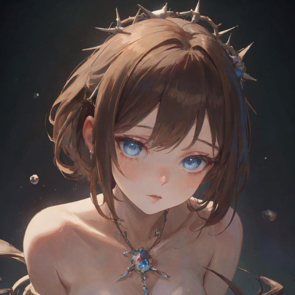 (Digital Artwork:1.3), crown of thorns, upper body, solo, <lora:crown_of_thorns-02:1>, (Random:1.3), half-up half-down hairstyle, brown hair, light blue eyes, oily skin, modest breasts, decadent french patisserie with pastel macarons, (masterpiece, best quality, detailed:1.3), alluring