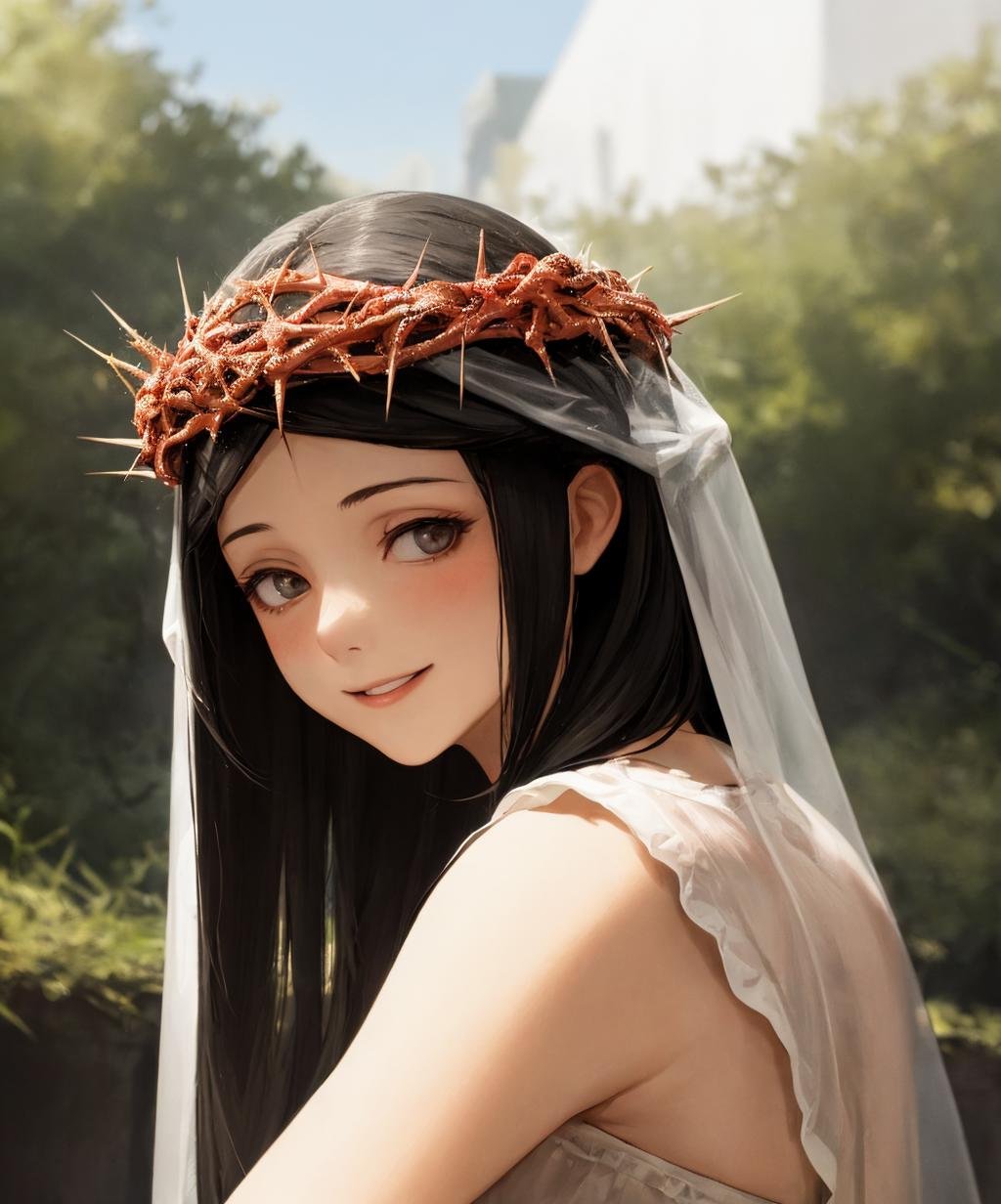 crown of thorns, 1girl, solo, black hair, long hair, smile, <lora:crown_of_thorns-02:1>