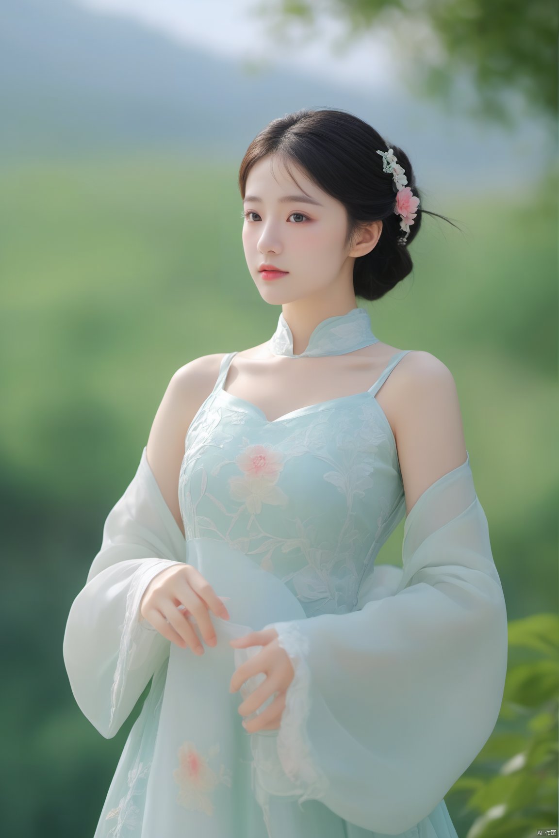  arien_hanfu,1girl, solo, flower, long hair, black hair, hair ornament, (big breasts:1.39),hair flower, blue|green eyes, floral print, chinese clothes, looking at viewer, detached sleeves, upper body, white flower, parted lips, dress, pink flower, china dress, bare shoulders, blush, red flower, eyelashes, white dress, lips, sleeveless, parted bangs, grey background, gongzhuqie, neon_dress,huansha, glowing,lens flare,big leaf,plant, wind, chang,(big breasts:1.66), light master, MAJICMIX STYLE