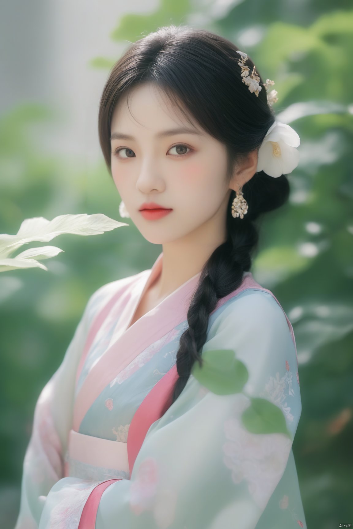  arien_hanfu,1girl, solo, flower, long hair, black hair, hair ornament, (big breasts:1.39),hair flower, blue|green eyes, floral print, chinese clothes, looking at viewer, detached sleeves, upper body, white flower, parted lips, dress, pink flower, china dress, bare shoulders, blush, red flower, eyelashes, white dress, lips, sleeveless, parted bangs, grey background, gongzhuqie, neon_dress,huansha, glowing,lens flare,big leaf,plant, wind, chang,(big breasts:1.66), light master, MAJICMIX STYLE