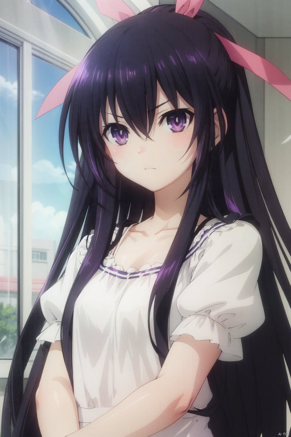 1girl, solo, purple eyes, long hair, looking at viewer, ribbon, purple hair, hair ribbon, hair between eyes, collarbone, closed mouth, anime coloring, bangs, pink ribbon, v-shaped eyebrows, frown, white shirt