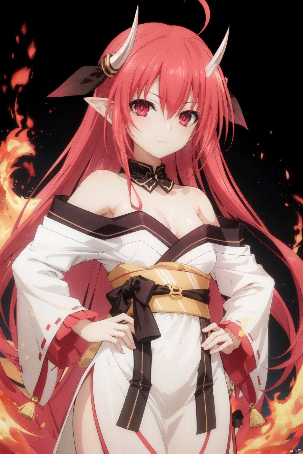 solo,1girl,red hair,long hair,red eyes,white background,bare shoulders,horns,ahoge,fire,hand on hip,simple background,looking at viewer,very long hair,japanese clothes,small breasts,ribbon,