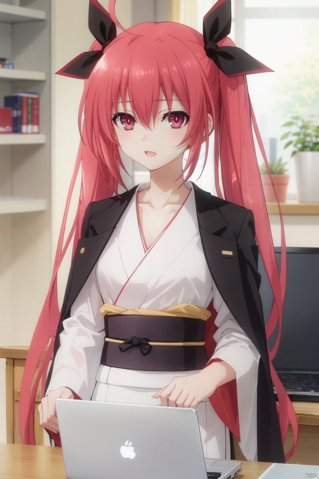 1girl, solo, red hair, long hair, twintails, red eyes, open mouth, ribbon, ahoge, hair ribbon, jacket on shoulders, collarbone, black ribbon, computer, jacket, hair between eyes, looking at viewer, upper body, laptop, japanese clothes, kimono, bangs