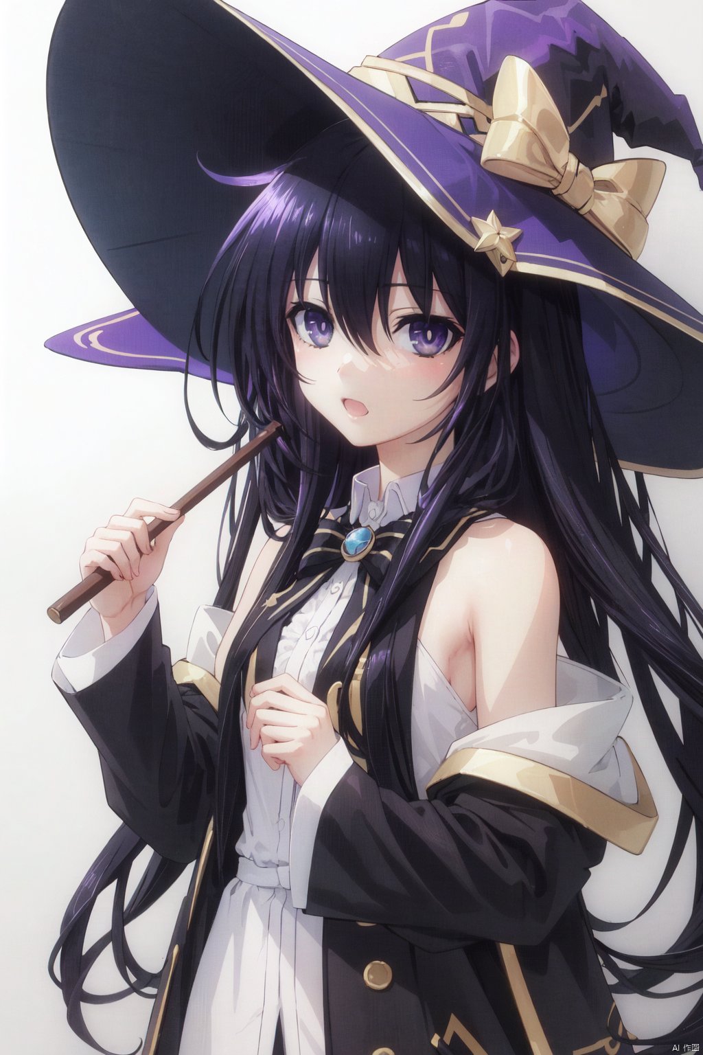 1girl, solo, hat, witch hat, elaina \(majo no tabitabi\), long hair, black headwear, looking at viewer, holding, shirt, purple eyes, heart, open mouth, wand, hair between eyes, bangs, upper body, robe, white shirt, black robe, star \(symbol\), bow, off shoulder, collared shirt, long sleeves, holding wand, open robe, sleeveless shirt, signature, bare shoulders ,