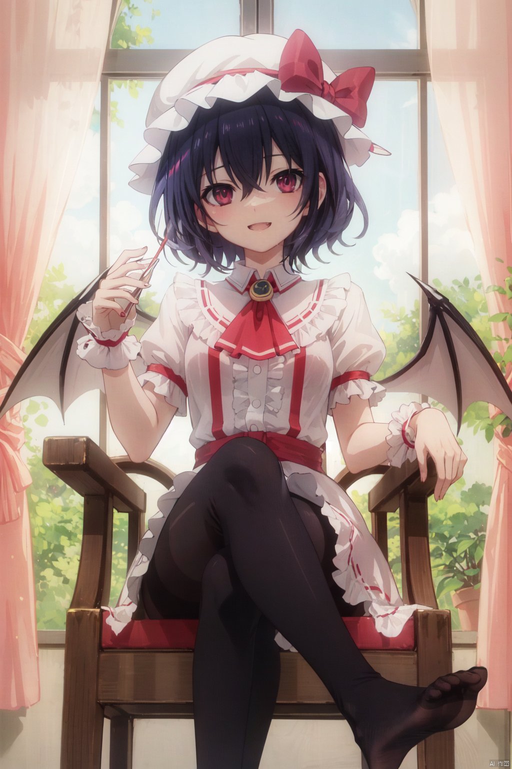 1girl, solo, remilia scarlet, hat, wings, mob cap, no shoes, sitting, pantyhose, dress, bat wings, red eyes, red ascot, smile, short sleeves, white pantyhose, puffy sleeves, wrist cuffs, collared dress, looking at viewer, short hair, ascot, open mouth, feet, puffy short sleeves, blush, fang, frills, hair between eyes, chair, crossed legs, bangs, jewelry, hat ribbon, white dress, soles, eyes visible through hair, foot focus, white headwear, red ribbon, ribbon, curtains, pink dress, toes,