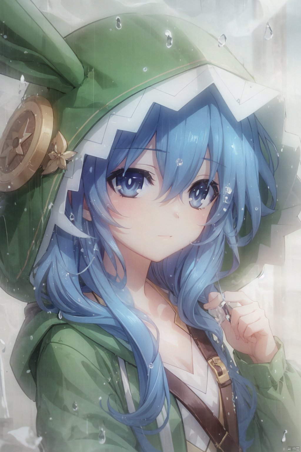 1girl, solo, blue eyes, blue hair, hood, animal hood, looking at viewer, long hair, rain, animal ears, rabbit hood, rabbit ears, hair between eyes, hood up, portrait