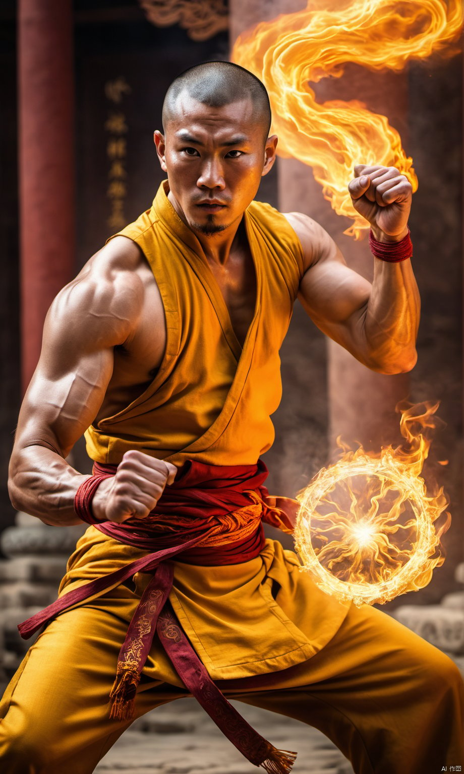 award wining professional full body fantasy portrait of fitness Chinese monk,third eye on the front:1.5),a fire dragon emerges from his fist,fire tiger,Chinese ancient style,kung-fu stance,tanned sweat realist detailed skin,imminent fight,raging opened mouth detailed face,chi,ultra detailed burning hands and fingers,high quality burning hands and fingers,(clenched fists radiate yellow light from within, transparent fist skin, veins, bones:1.6),( power aura, aura of power, distorted air around him:1.6),motion blur,movie shot,photo realism,Movie Still,Film Still,Cinematic,Cinematic Shot,Cinematic Lighting,forgotten Buddhist temple background,crazy details,movie grain,ultra high definition,cg rendering,volume lighting,unreal engine,

,Movie Still,