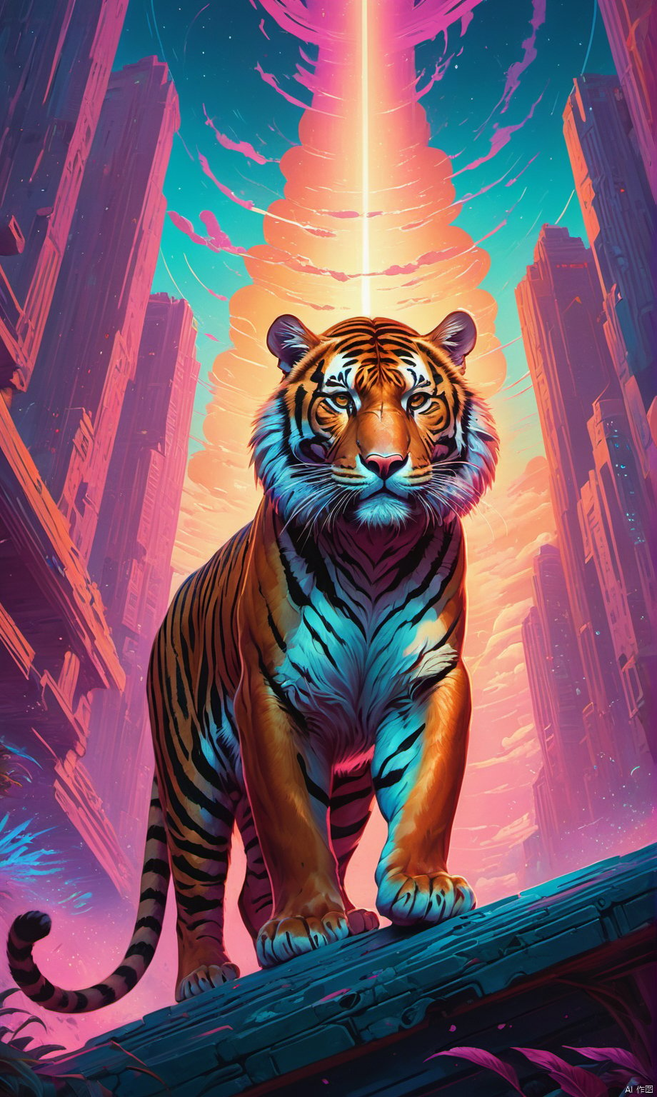 (art by RHADS:1.1),(art by Donato Giancola:1),(art by Dan Mumford:1.3),Raw digital photo,studio Redshift render,epic Octane render,1940'S Hypnotic tigre,split diopter,Pastel Colors,