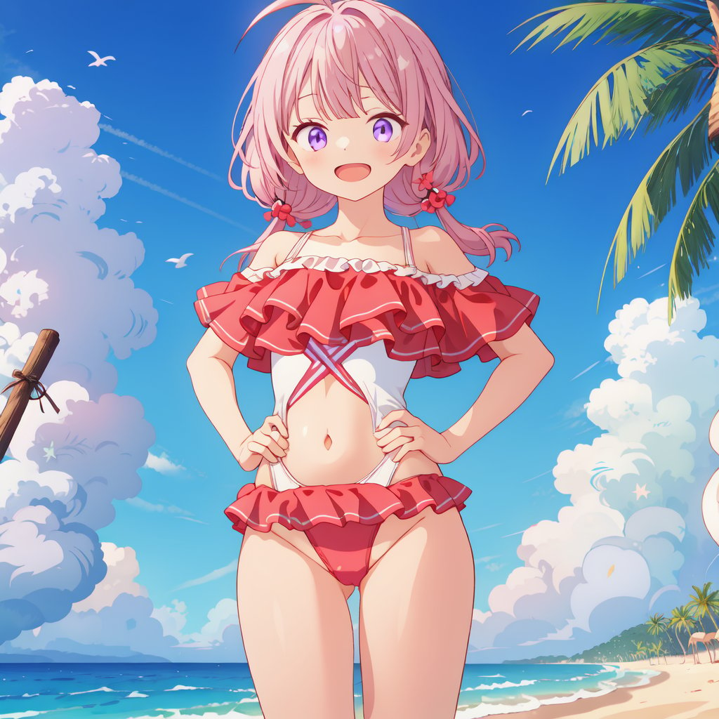 masterpiece, best quality, 1girl, (loli:1.4), bare legs, bare shoulders, beach, breasts, covered navel, day, feet out of frame, frilled one-piece swimsuit, frills, ocean, off-shoulder one-piece swimsuit, off shoulder, one-piece swimsuit, open mouth, outdoors, smile, solo, swimsuit, long hair, ahoge, white hair, purple eyes, twintails, projecting lactation, hands on hip,