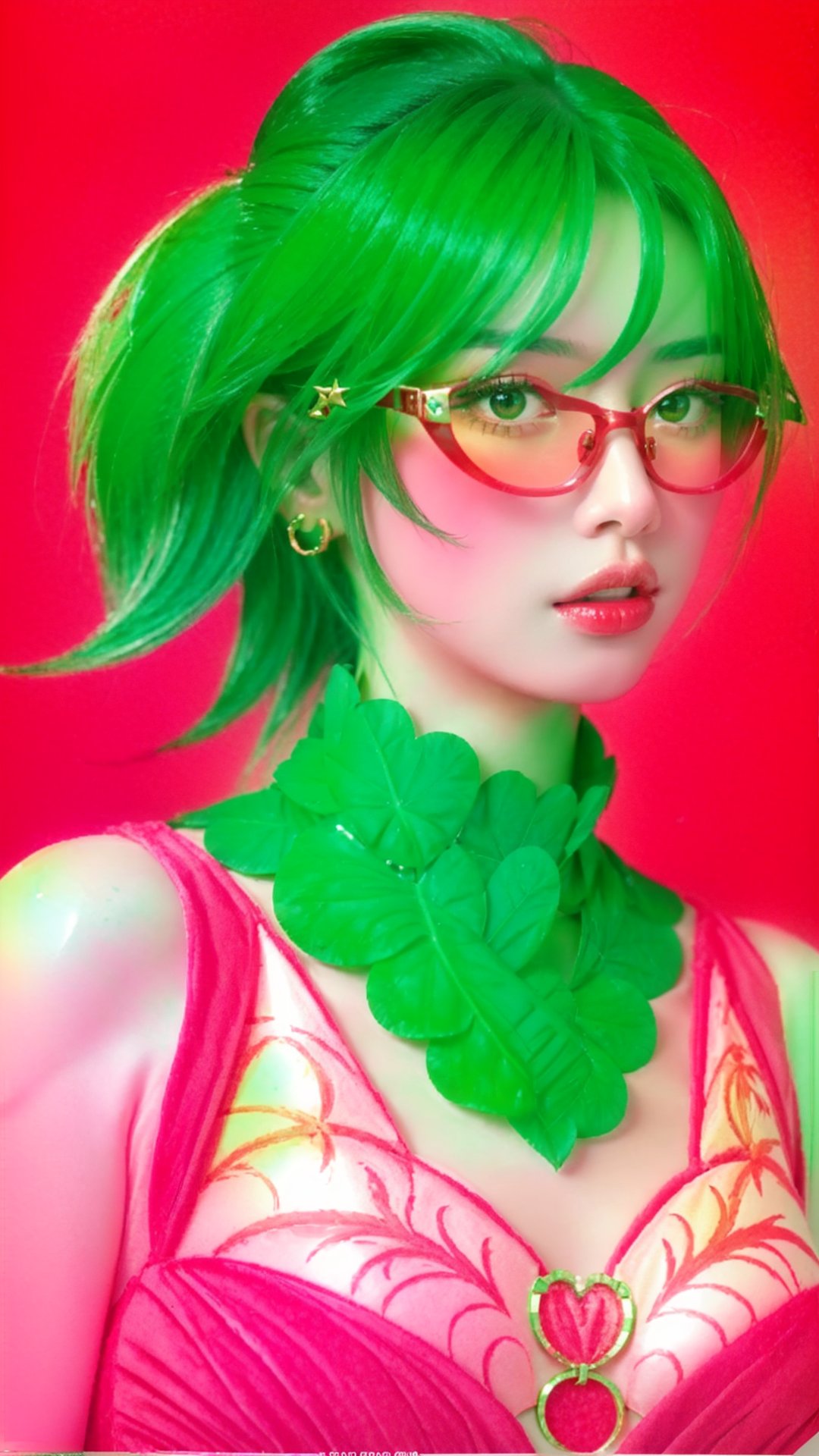 1 girl, emerald color eyes, wear red glasses, mature lady, big chest, flamingo in the back, copy character, change background, high_resolution, high_res, high details, High detailed, ,More Detail, EpicArt, fantasy00d, Detailedface