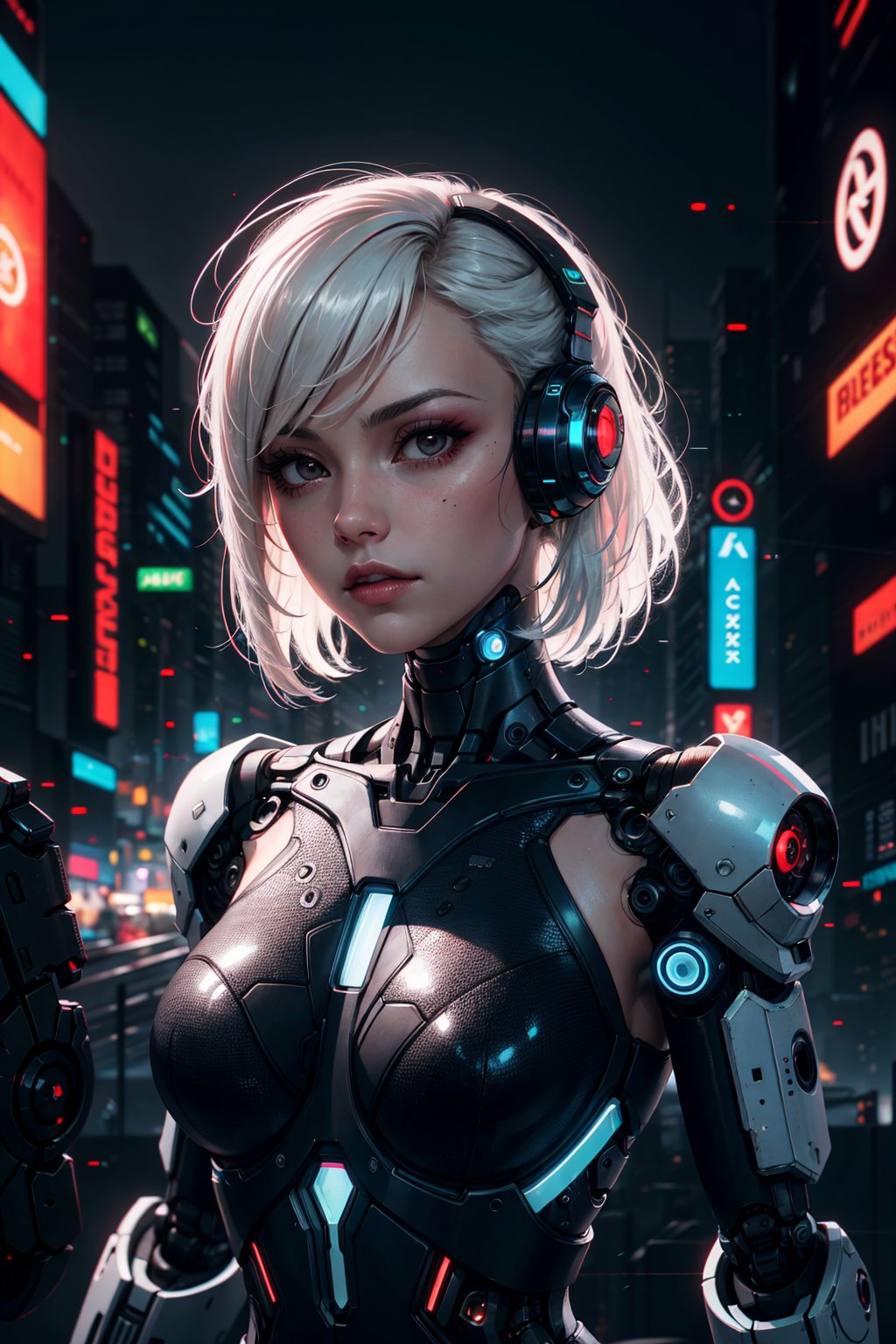 cyber_mark, cyborg, 1girl, solo, closed mouth, lips, makeup, upper body, (midriff_peek:0.3), nose, (cyborg body, robot body:1.2), (cyberpunk style:1.3), dark lighting, (chromatic aberration:1.3), (Random:1.3), blowout hair, platinum blonde hair, black eyes, sexy, (HDR, bloom:1.3)