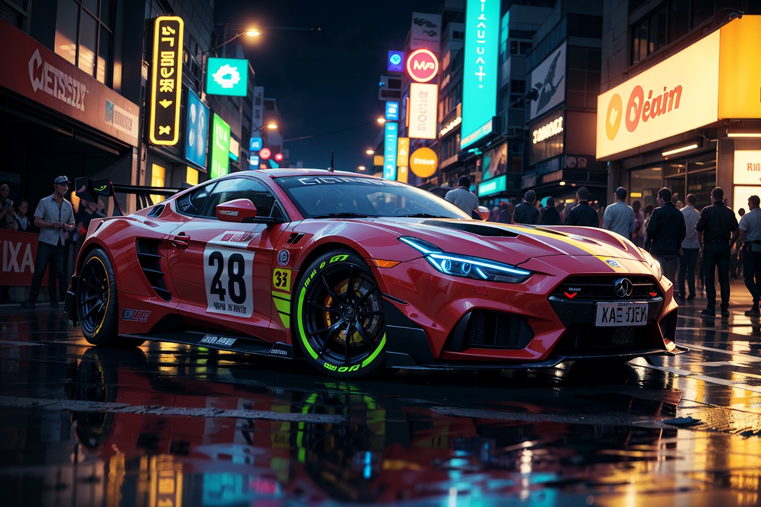 Super car, wide body kit, modified car, racing livery, rainingmasterpiece, best quality, realistic, ultra highres, depth of field,(full dual colour neon lights:1.2), (hard dual colour lighting), (detailed background), (masterpiece:1.2), (ultra detailed), (best quality), intricate, comprehensive cinematic, magical photography, (gradients), colorful, detailed landscape, visual key,