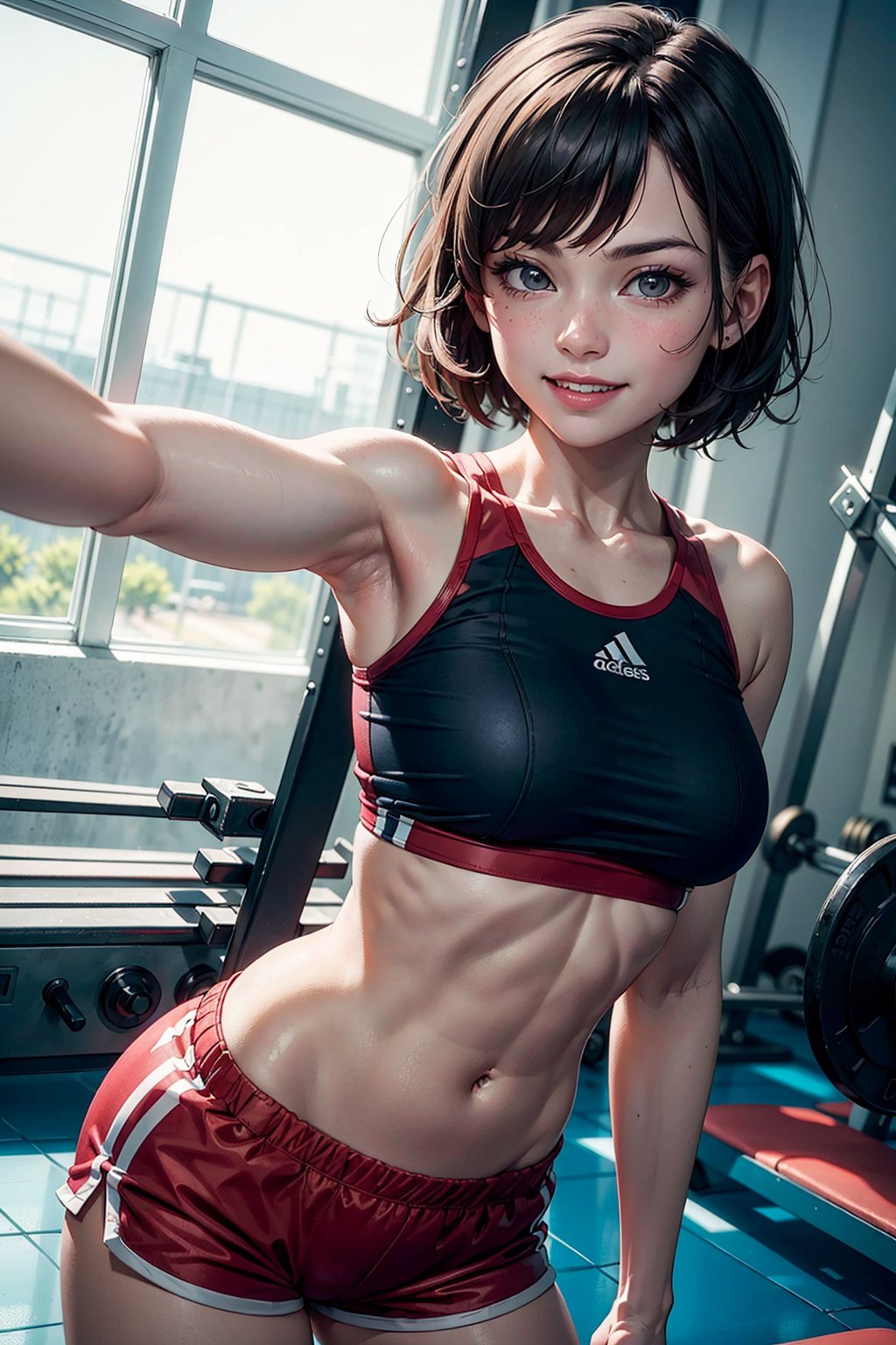 (1girl, both eye open, happy, one arm reaching behind camera, taking selfie:1.2), gym_test, 1girl, short hair, shorts, sportswear, navel, midriff,