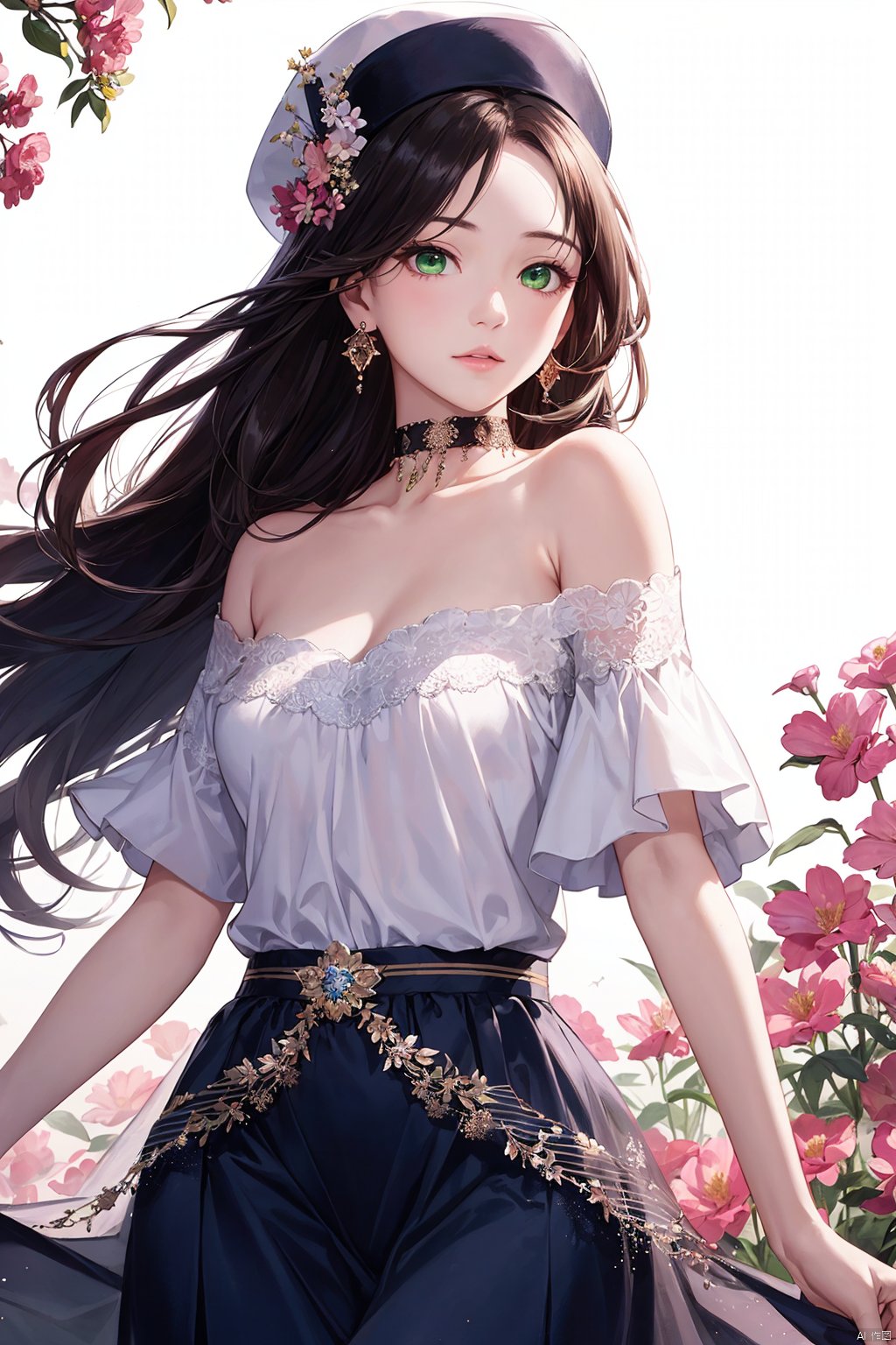  A girl,silk,cocoon,spider web,Solo,Complex Details,Color Differences,Realistic,(Moderate Breath),Off Shoulder,Eightfold Goddess,Pink Long Hair,White Headwear,Hair Above One Eye,Green Eyes,Earrings,Sharp Eyes,Perfect Fit,Choker,Dim Lights,cocoon,transparent,jiBeauty,1girl,flowers,mtianmei,Look at the camera.,flowing skirts,Giant flowers,, pld