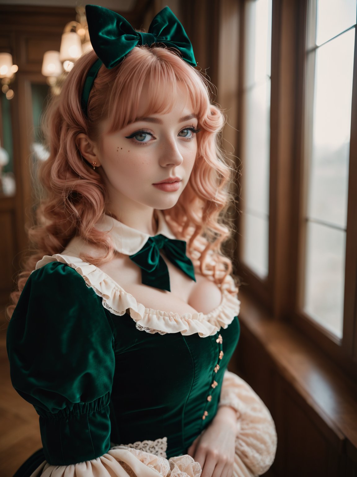 (Highest Quality, 4k, masterpiece, Amazing Details:1.1), Shallow Depth of Field, wide angle image of a 30yo captivating (adult:1.5) lolita girl (caucasian, rose gold hair in curls, gaze full of wonder, slender figure with natural contours, (skin nuances like a sprinkle of moles, faint freckles:1.12)) BREAK, costumed in an intricate dark emerald lolita outfit with velvet bows, in a poised stance, film grain effect, reminiscing of classic fujifilm, artisan photography, 40mm panoramic lens, f/1.7, ISO 100, halo lighting effect, skin tingling with anticipation, ultra realistic, influencer's choice on instagram, (photorealistic) (RAW Photo)