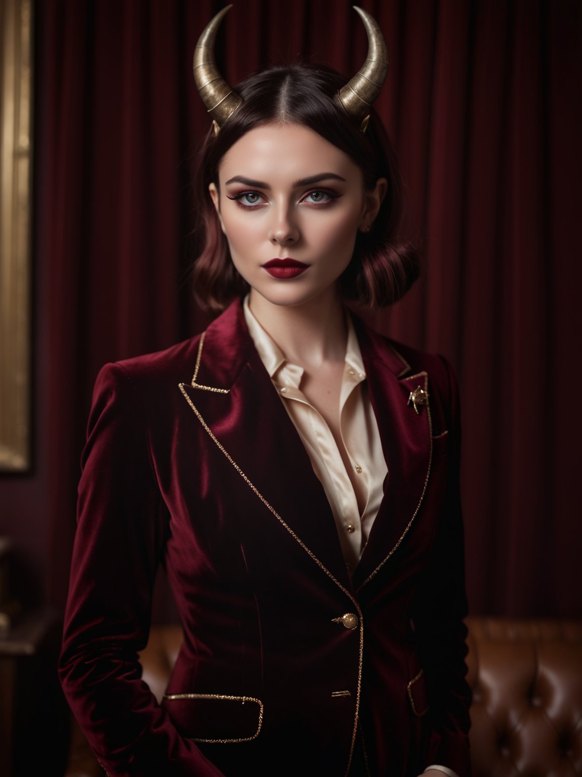 (Highest Quality, 4k, masterpiece, Amazing Details:1.1), (Shallow Depth of Field), Create a fantasy-themed portrait with a demon 25yo girl character exuding a vintage charm. The model has subtle horns and a captivating gaze, dressed in a (velvet vintage suit:1.5) with (satin accents:1.3). Set against a (deep burgundy background:1.2), use (dramatic side lighting:1.5) to cast intriguing shadows, and add a touch of (film grain:1.3) for an old-world feel. The pose should be commanding yet elegant, emphasizing the character's dual nature, (photorealistic) (RAW Photo)