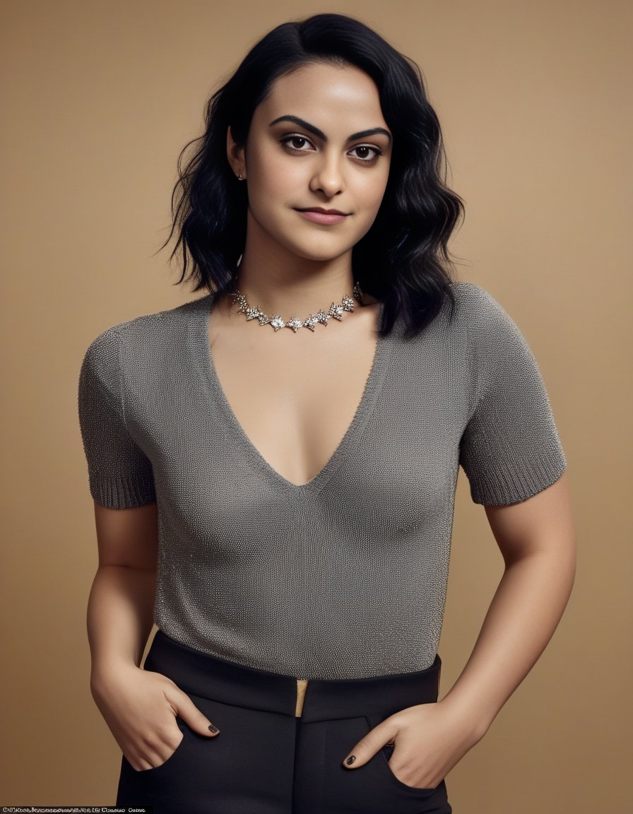 CamilaMendes,<lora:CamilaMendesSDXL:1>,An image of a woman with shoulder-length curly hair highlighted in blonde, fair freckled skin, and hazel eyes. Her makeup is understated and elegant. She wears a black V-neck top and a statement silver necklace with crystal embellishments. Her posture is confident, and her expression is serene.